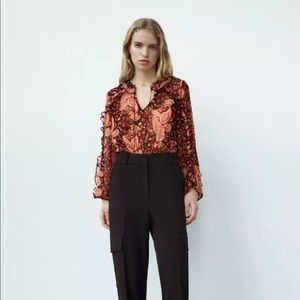Zara Printed Ruffled Bodysuit Black Red Burnt Orange NWT
